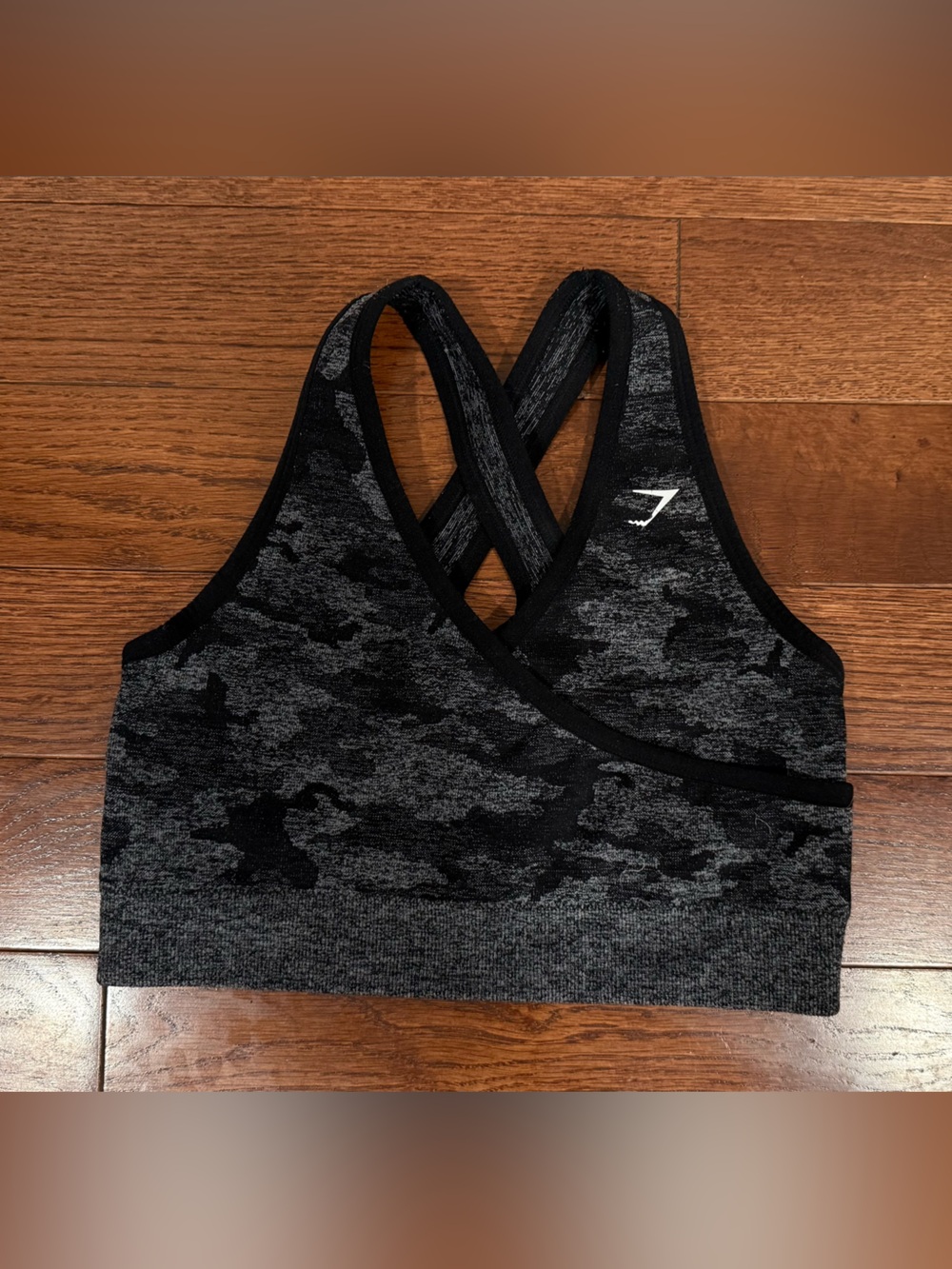 Gymshark Black & Gray Camo Cross-Back Sports Bra